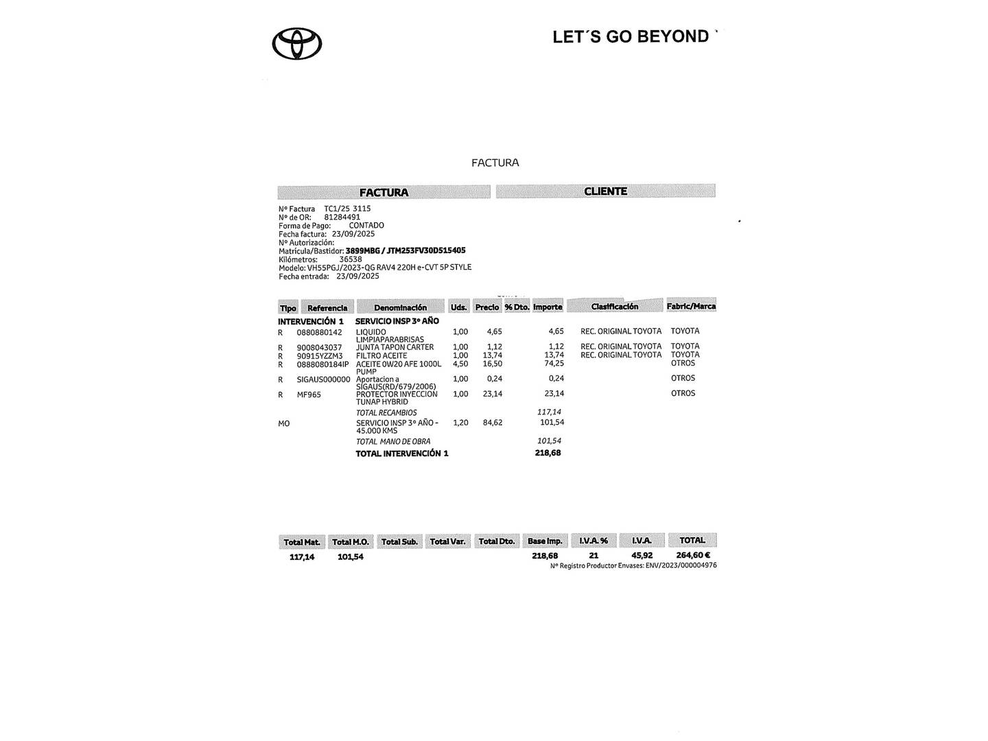 Foto del mantenimiento del Toyota Rav4 Toyota Rav4 2.5l hybrid Style 4WD (222 CV)