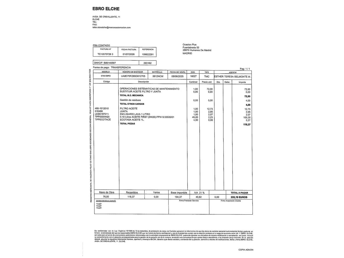 Foto del mantenimiento del EBRO S700 EBRO S700 1.6 TGDI Comfort DCT (147 CV)
