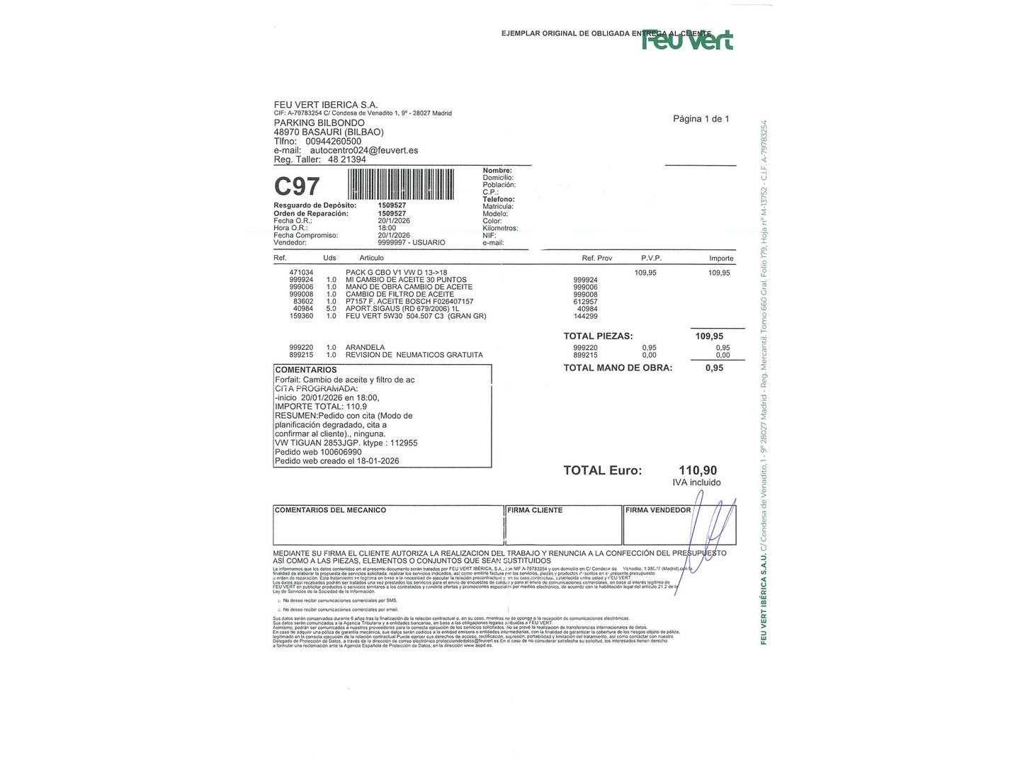 Foto del mantenimiento del Volkswagen Tiguan Volkswagen Tiguan T1 Sport 2.0 TDI BMT 4x2 (150 CV)