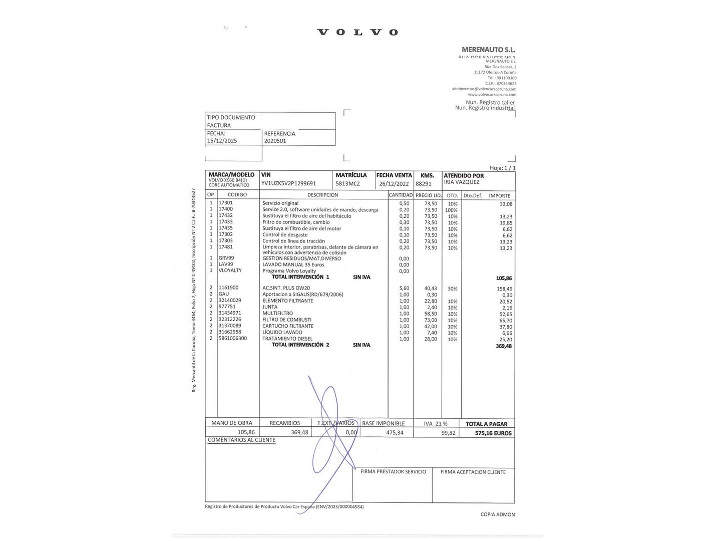 Foto del mantenimiento del Volvo XC60 Volvo XC60 B4 D Core Auto (197 CV)