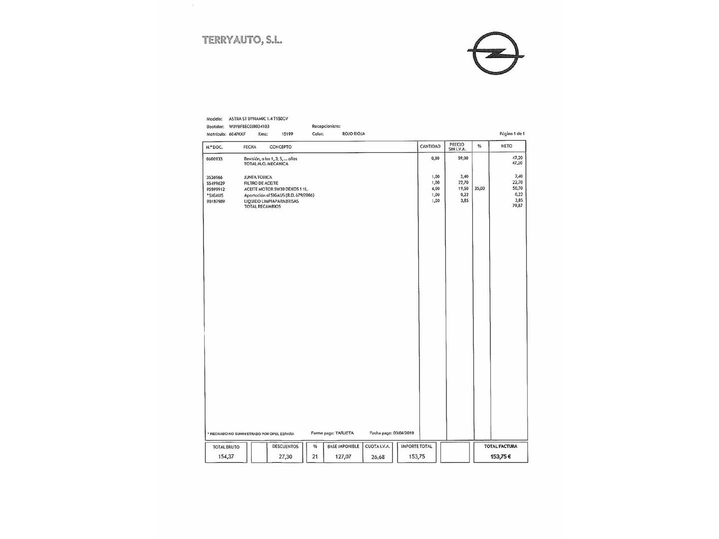 Foto del mantenimiento del Opel Astra Opel Astra 1.4 Turbo S&S Dynamic  (150 CV)