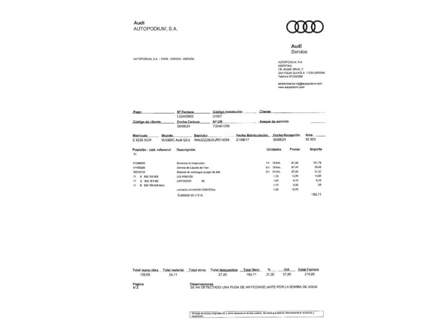 Foto del mantenimiento del Audi Q3 Audi Q3 sport edition 1.4 TFSI CoD  (150 CV)