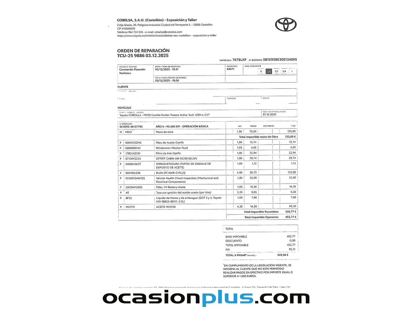 Foto del mantenimiento del Toyota Corolla Toyota Corolla 1.8 125 Híbrido Active Tech E-CVT (122 CV)