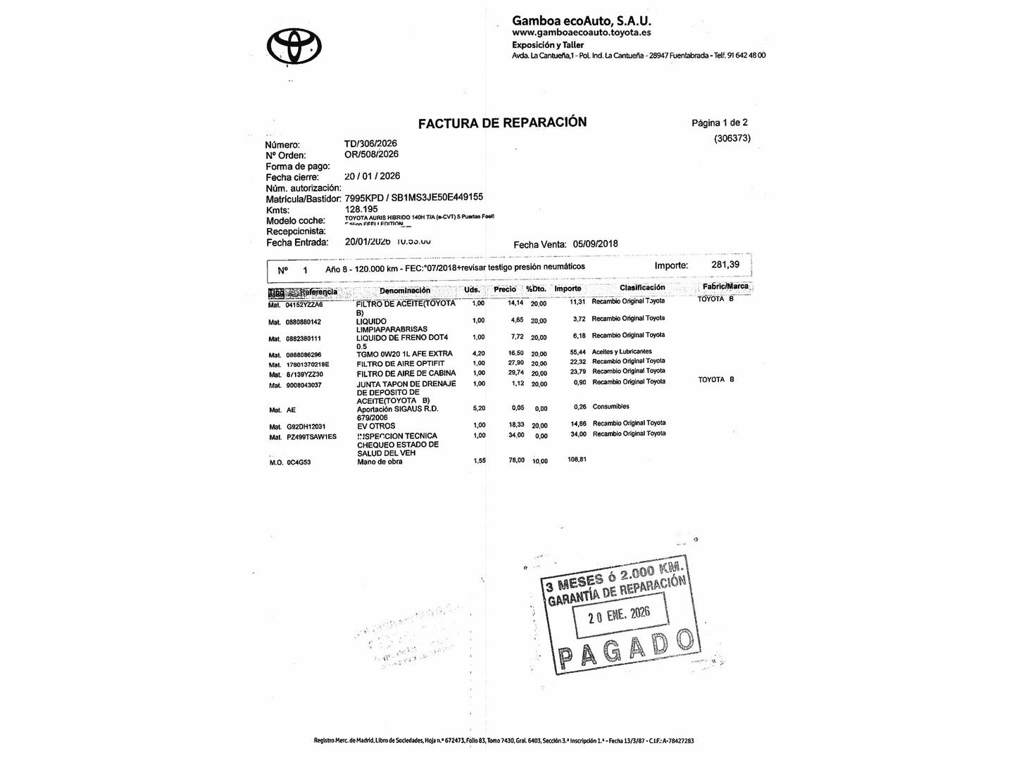Foto del certificado del Toyota Auris Toyota Auris 140H Hybrid Feel! Edition (136 CV)
