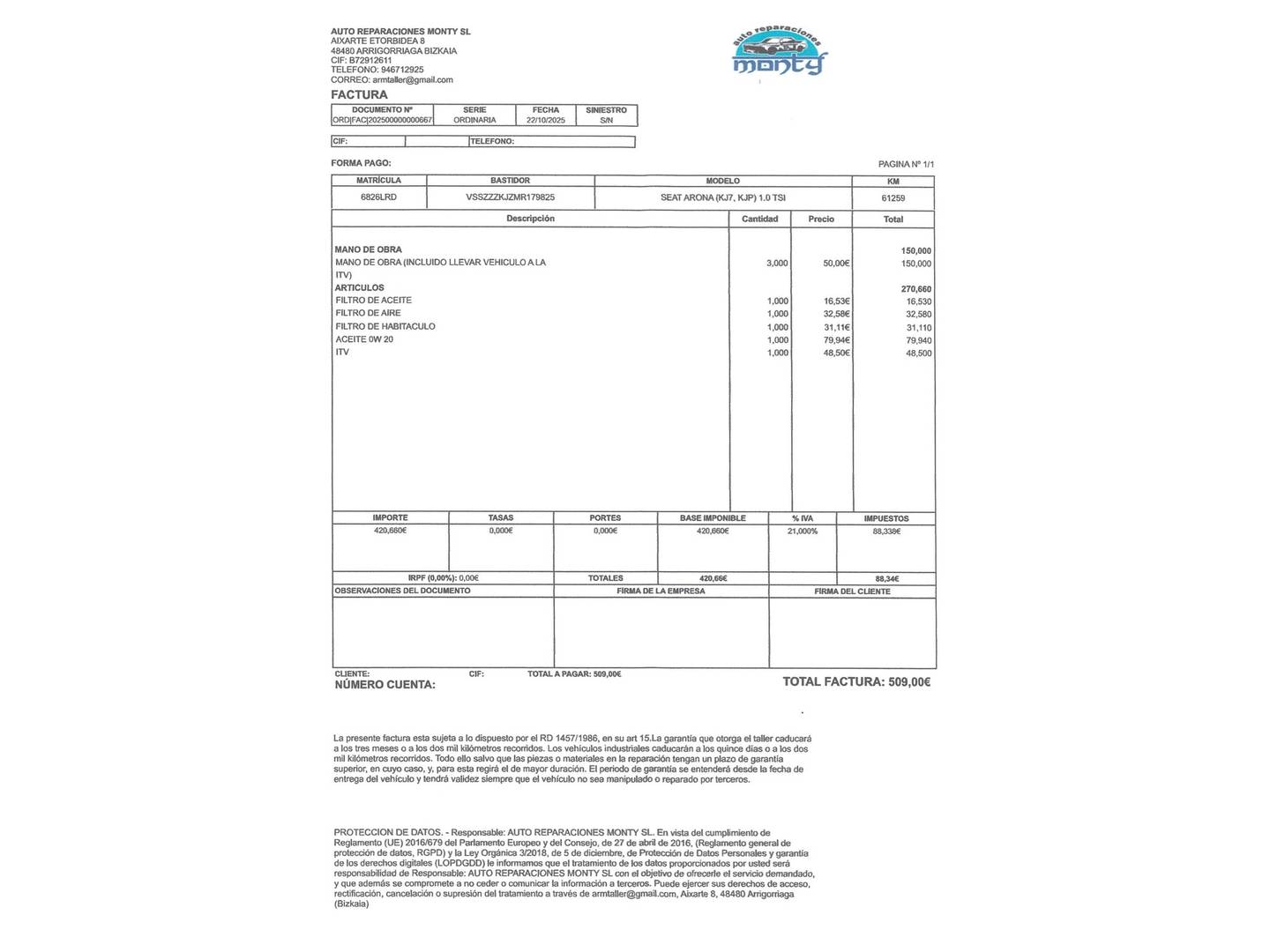Foto del mantenimiento del Seat Arona Seat Arona 1.0 TSI Style Go2 (110 CV)