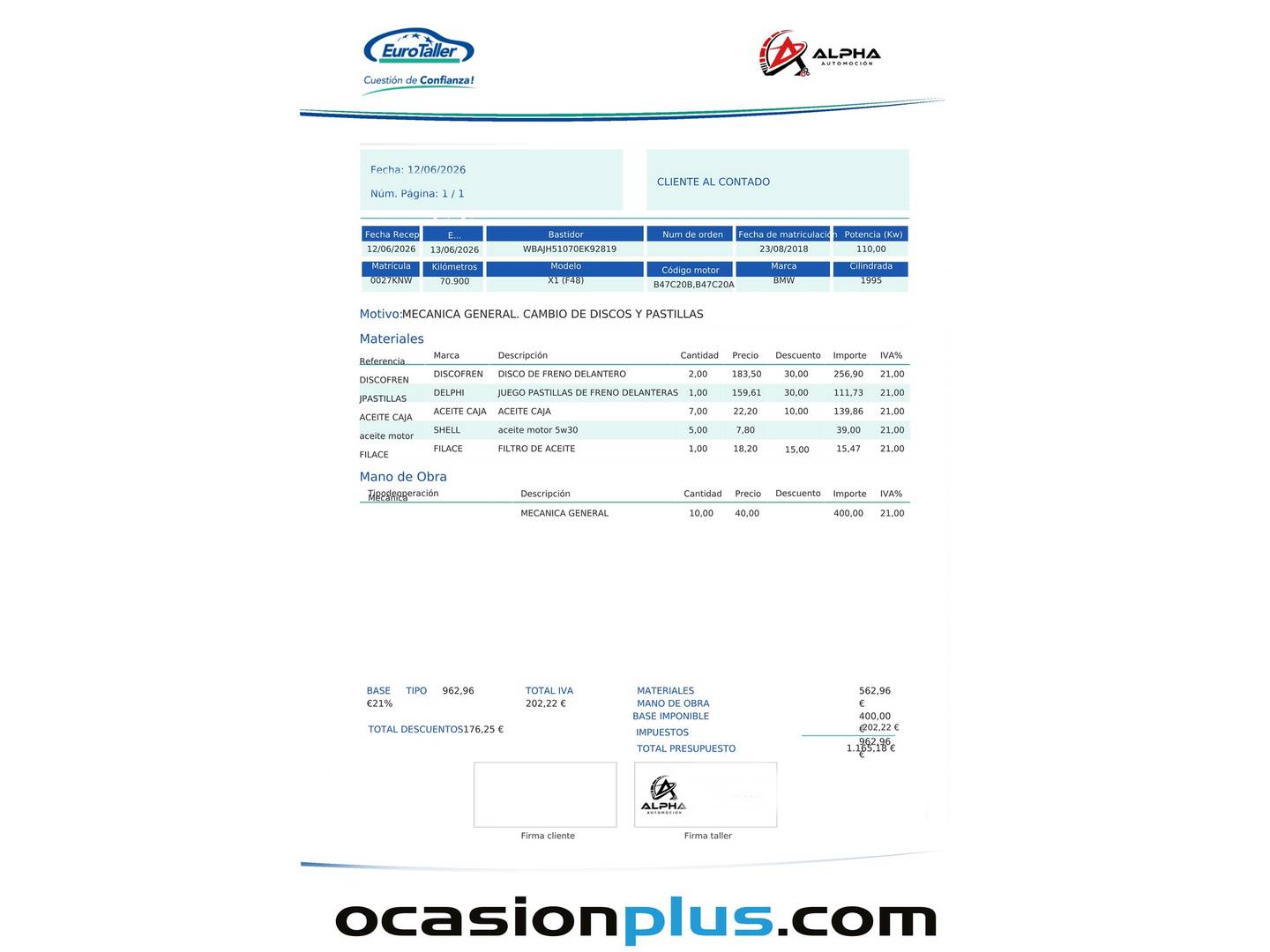 Foto del mantenimiento del BMW X1 BMW X1 sDrive18d (150 CV)