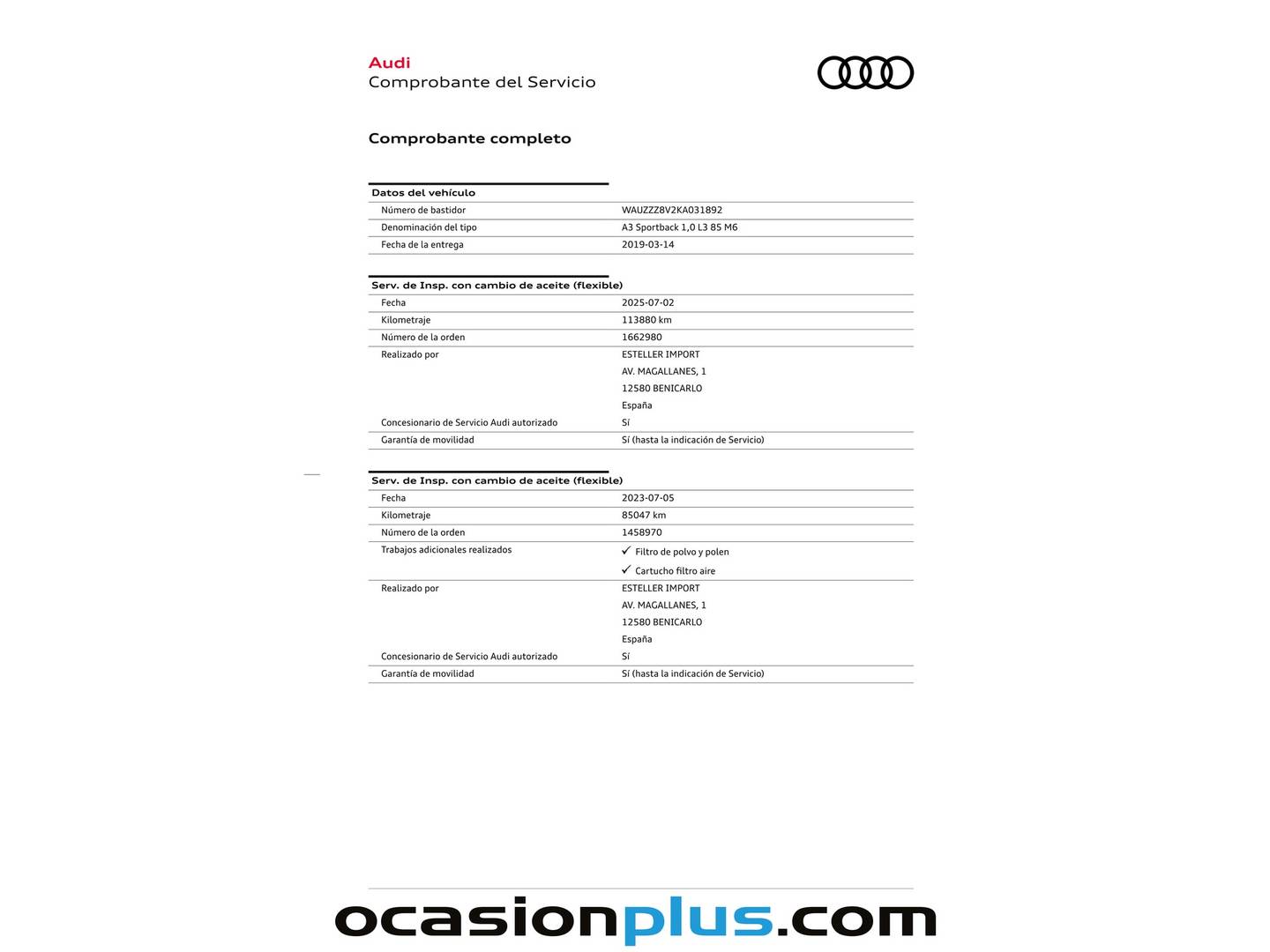 Foto del mantenimiento del Audi A3 Audi A3 Sportback S line 30 TFSI (116 CV)