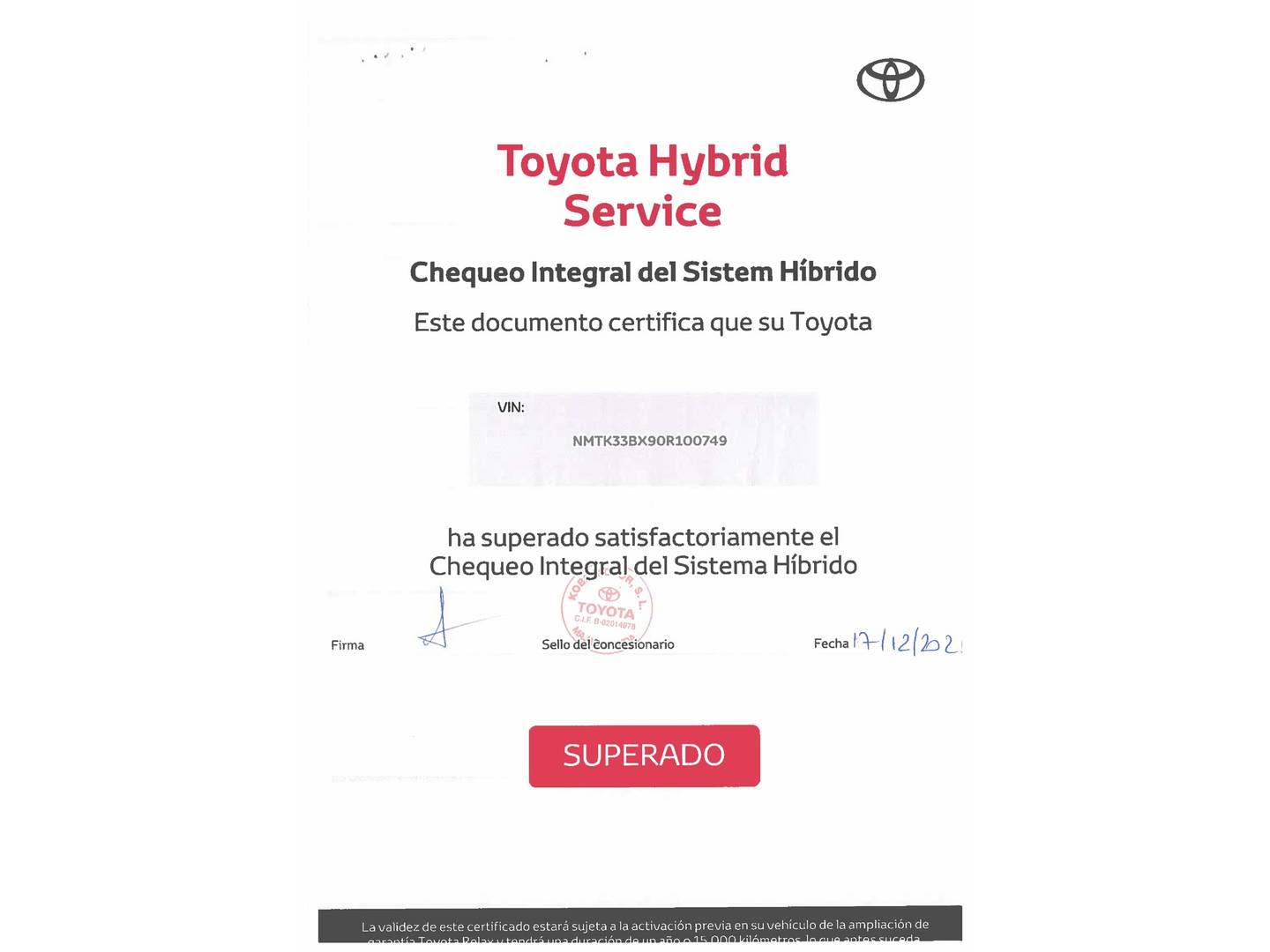Foto del mantenimiento del Toyota C-HR Toyota C-HR 1.8 125H Advance (122 CV)