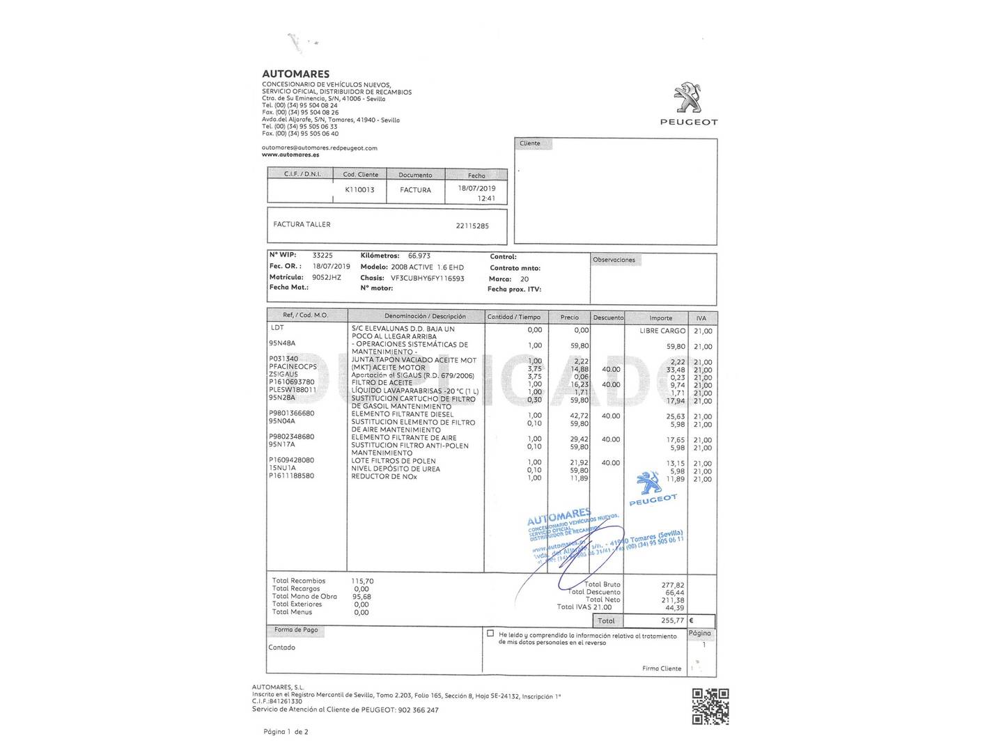 Foto del mantenimiento del Peugeot 2008 Peugeot 2008 BlueHDi 100 S&S Active (100 CV)