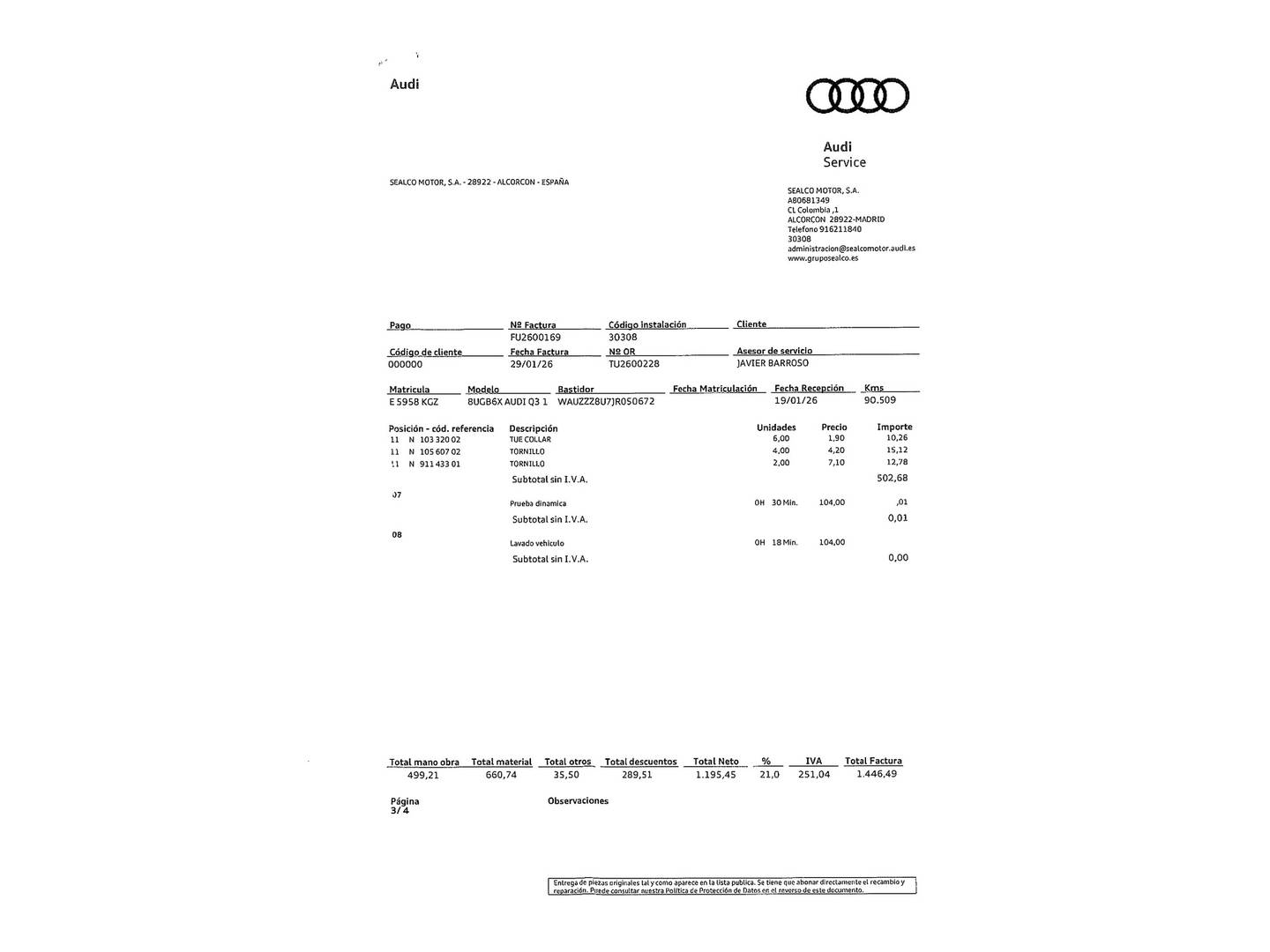 Foto del mantenimiento del Audi Q3 Audi Q3 Sport edition 1.4 TFSI CoD (150 CV) S tronic
