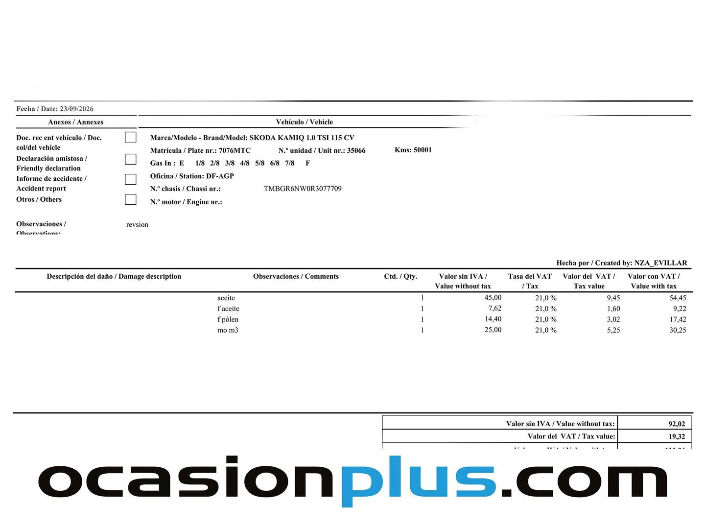Foto del mantenimiento del Skoda Kamiq Skoda Kamiq 1.0 TSI Design DSG (115 CV)