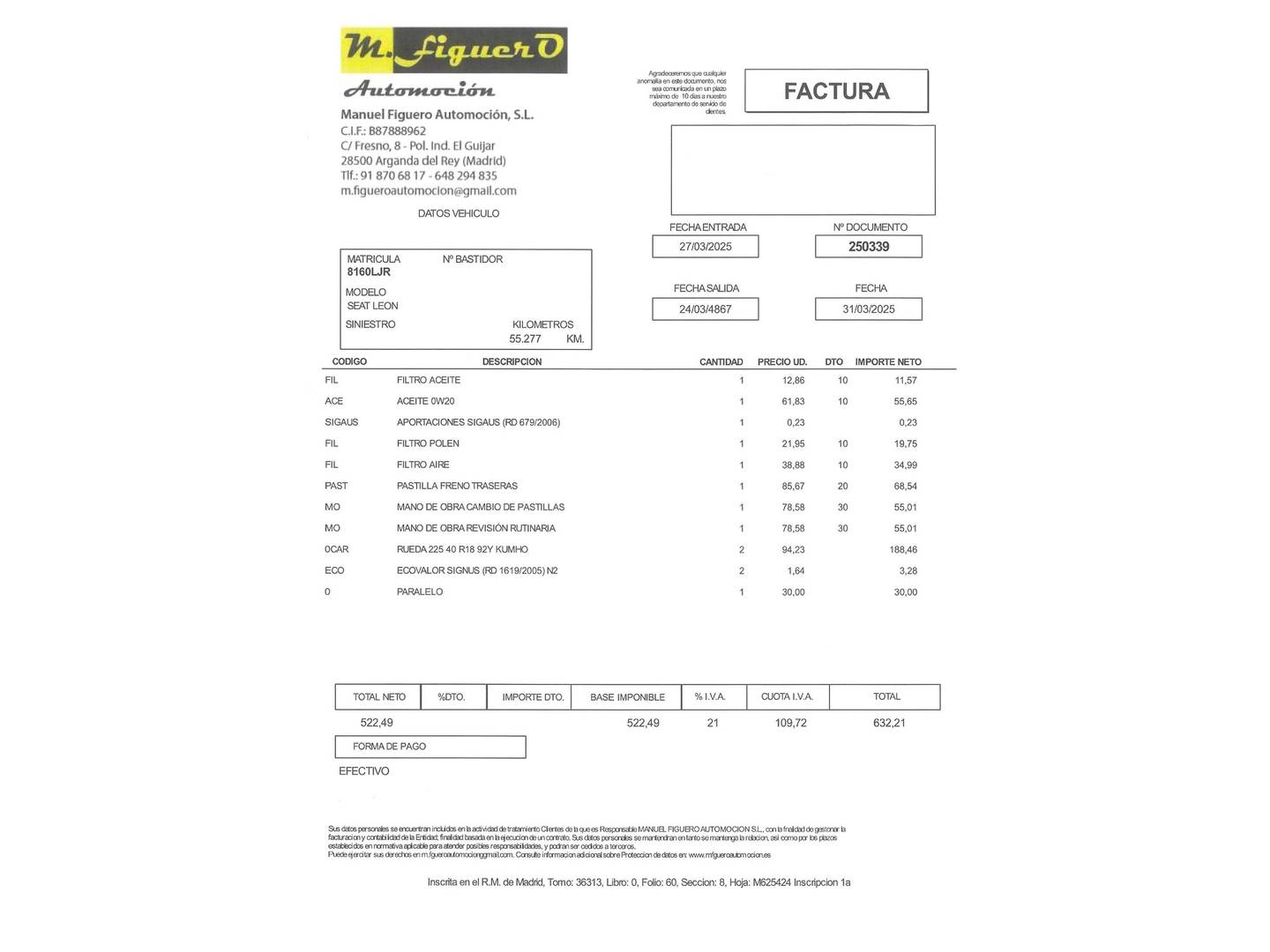 Foto del mantenimiento del Seat León SEAT León 1.5 TSI S&S FR Launch Pack L (150 CV)