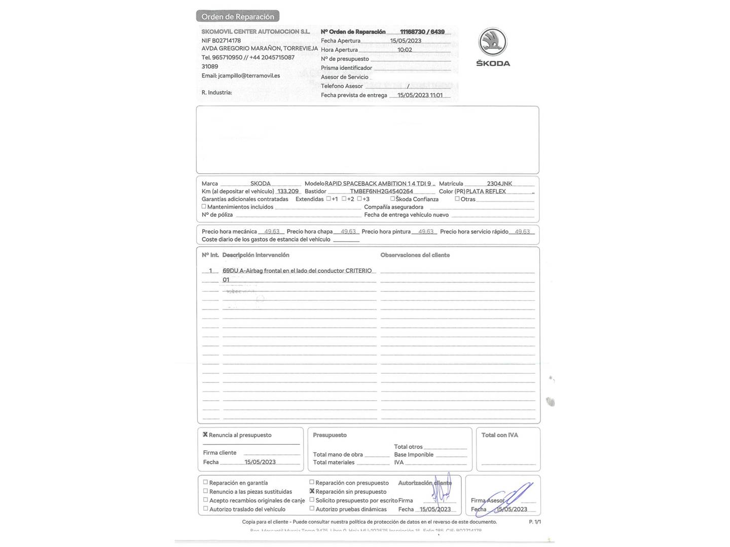 Foto del mantenimiento del Skoda Spaceback Skoda Spaceback 1.4 TDI Ambition DSG (90 CV)