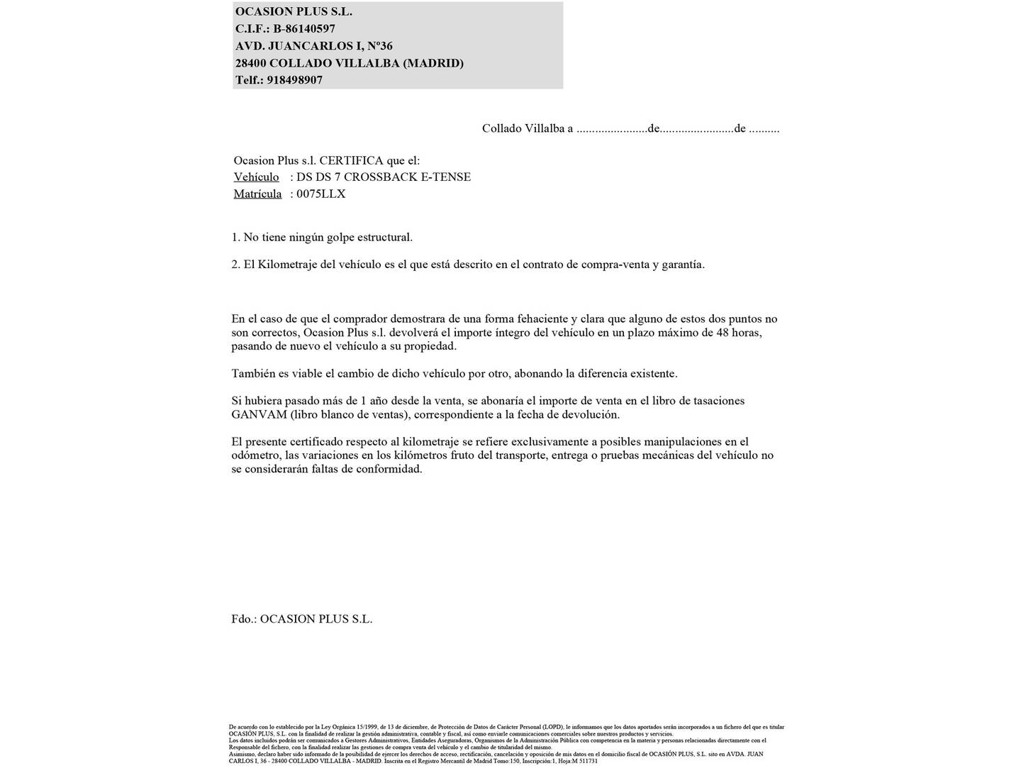 Foto del certificado del DS DS 7 Crossback E-Tense DS DS7 Crossback E-Tense 225 Grand Chic Auto (225 CV)