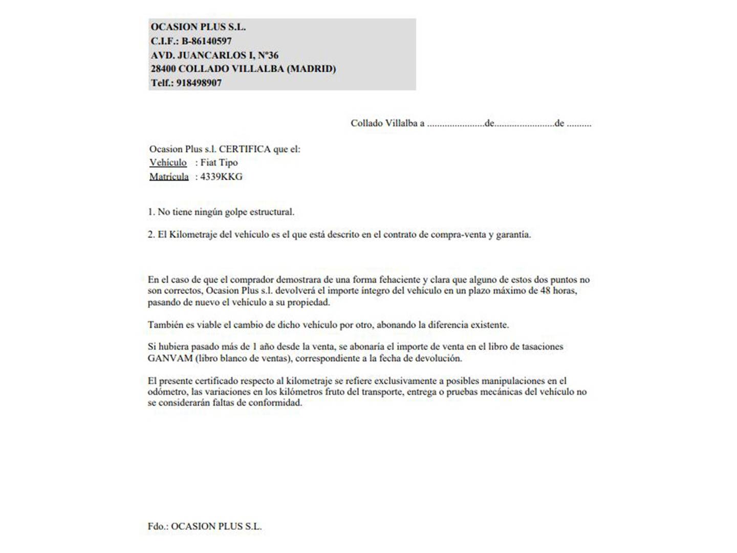 Foto del certificado del Fiat Tipo Fiat Tipo 1.4 16v Lounge (95 CV)