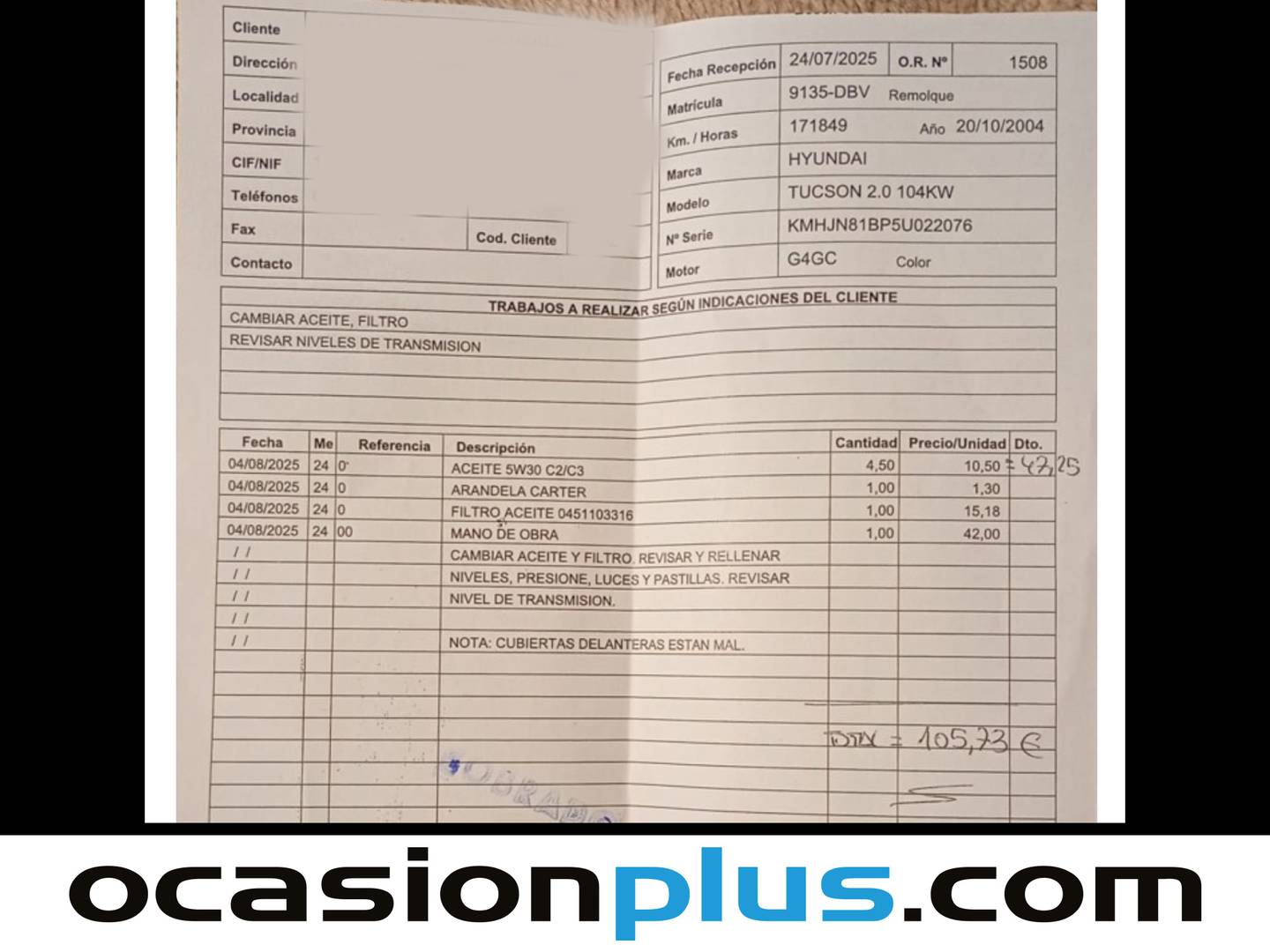 Foto del mantenimiento del Hyundai Tucson Hyundai Tucson 2.0 Comfort  (142 CV)