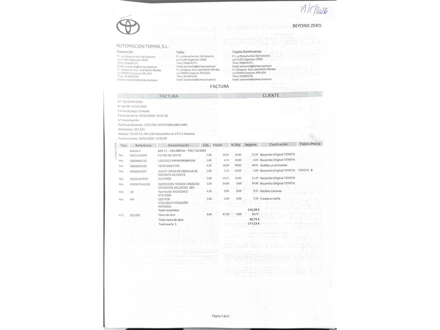 Foto del mantenimiento del Toyota C-HR Toyota C-HR 1.8 125H Advance (122 CV)