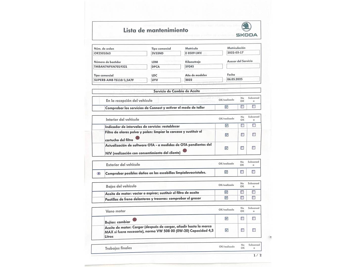 Foto del mantenimiento del Skoda Superb Skoda Superb 1.5 TSI Ambition DSG (150 CV)