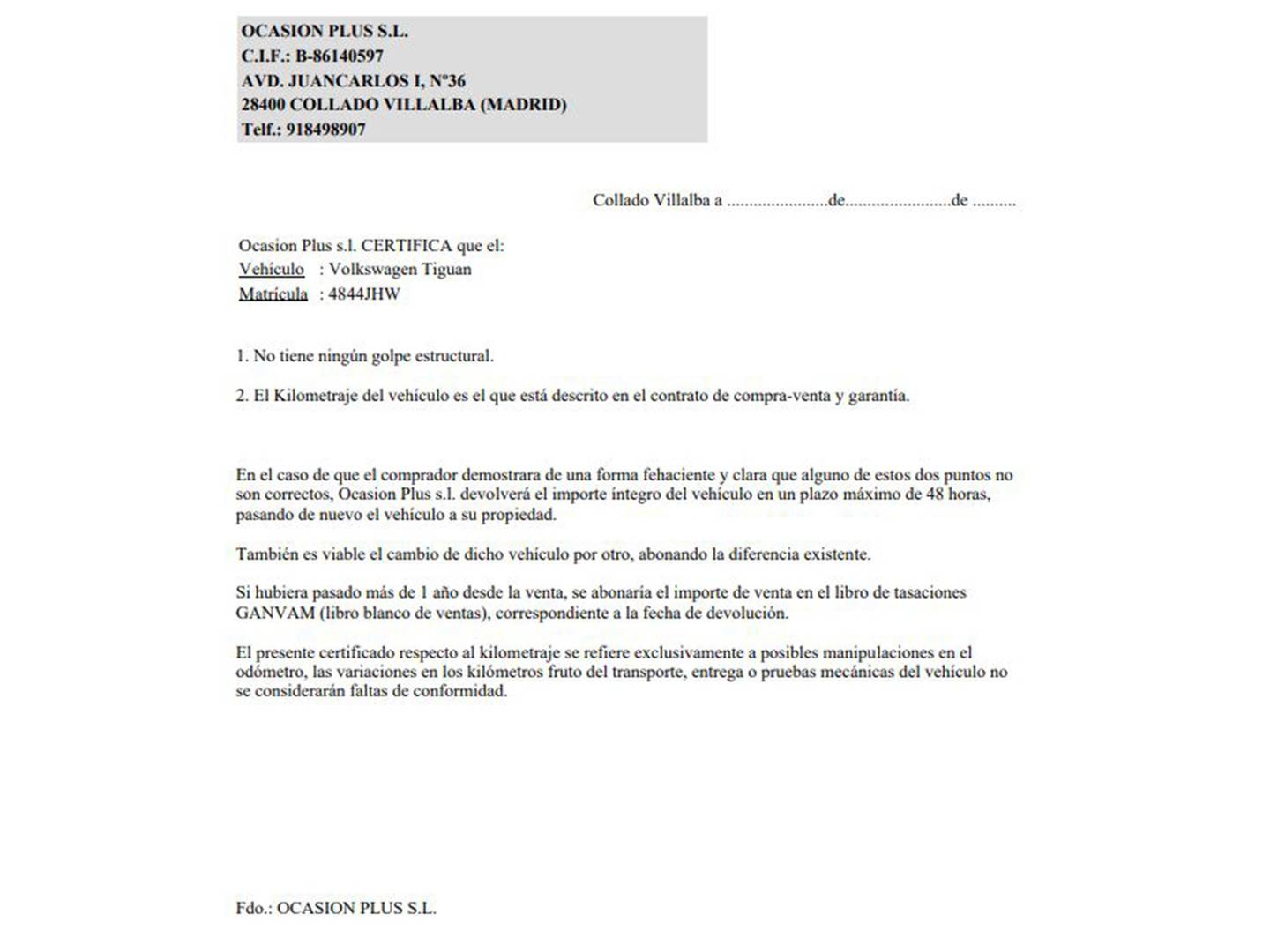 Foto del certificado del Volkswagen Tiguan Volkswagen Tiguan T1 2.0 TDI BMT 4x2 (110 CV)