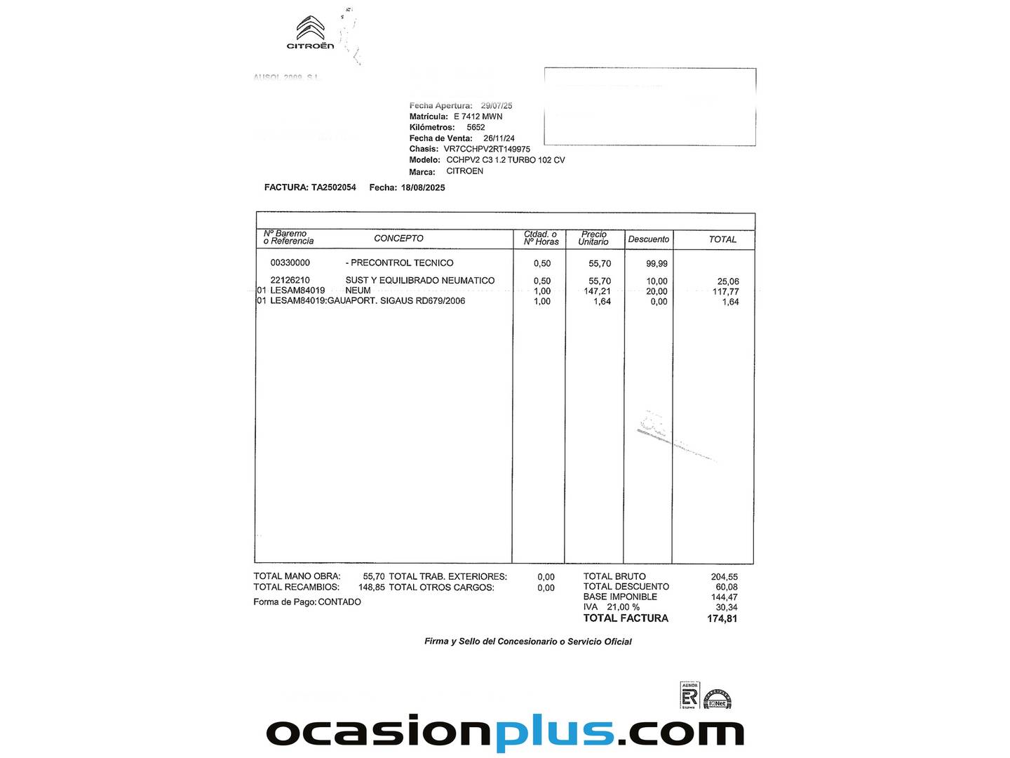 Foto del mantenimiento del Citroën C3 Citroën C3 Turbo 100 You (100 CV)