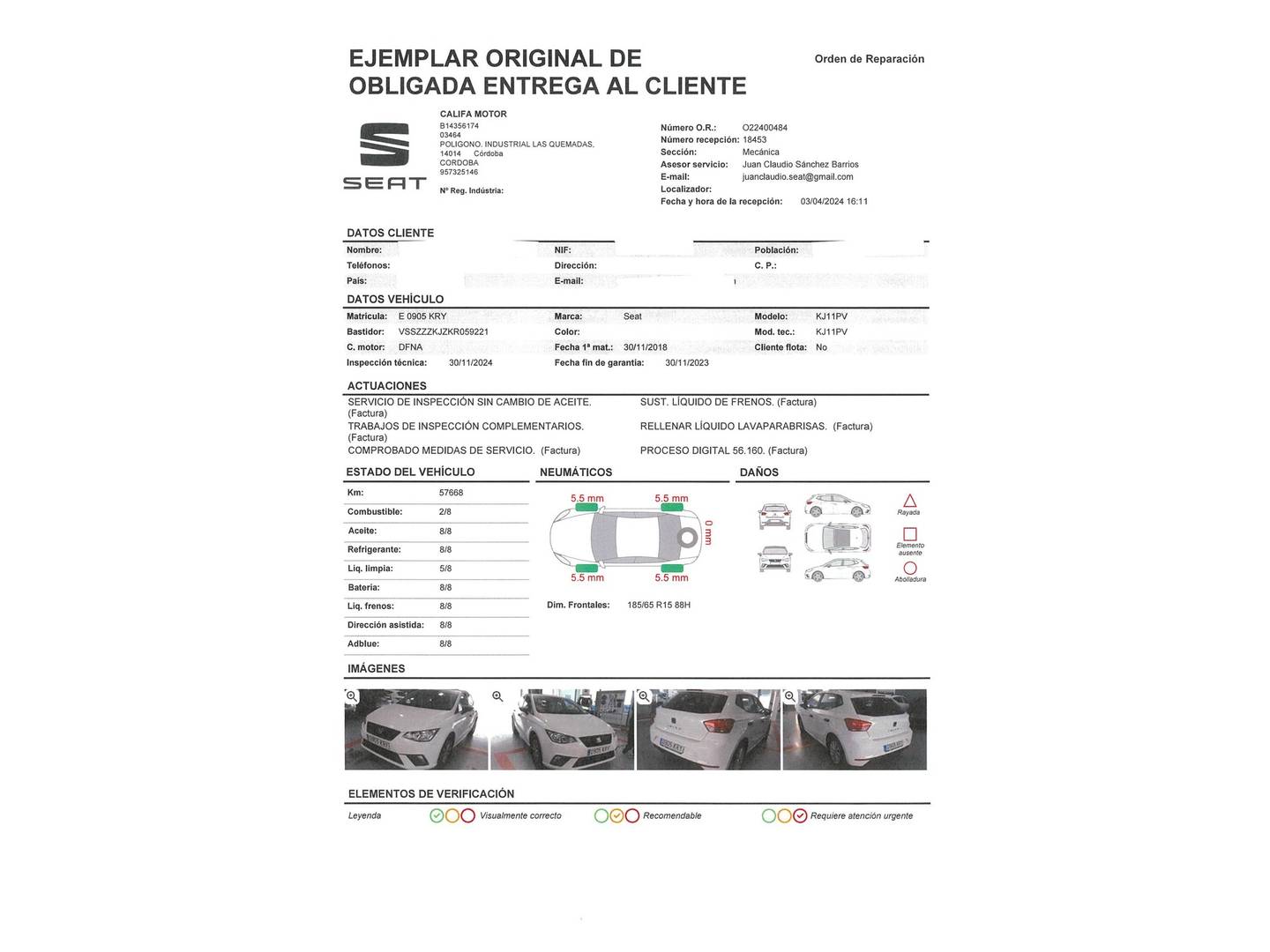 Foto del mantenimiento del Seat Ibiza Seat Ibiza 1.0 MPI Reference Plus (80 CV)