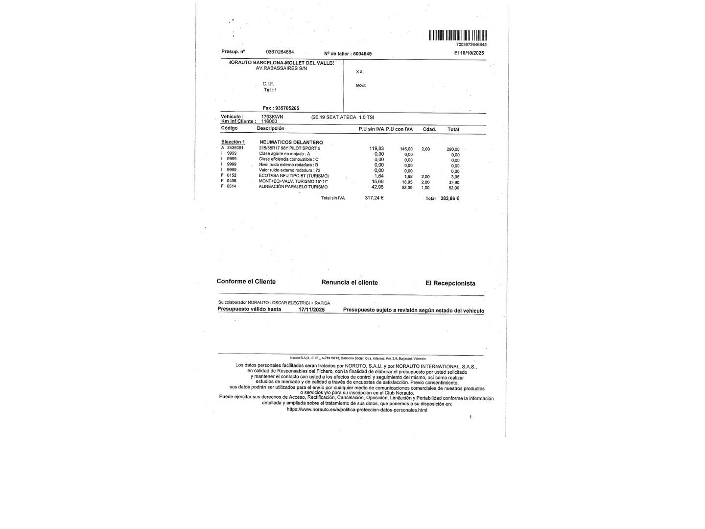 Foto del mantenimiento del Seat Ateca Seat Ateca 1.0 TSI S&S Ecomotive Style (115 CV)