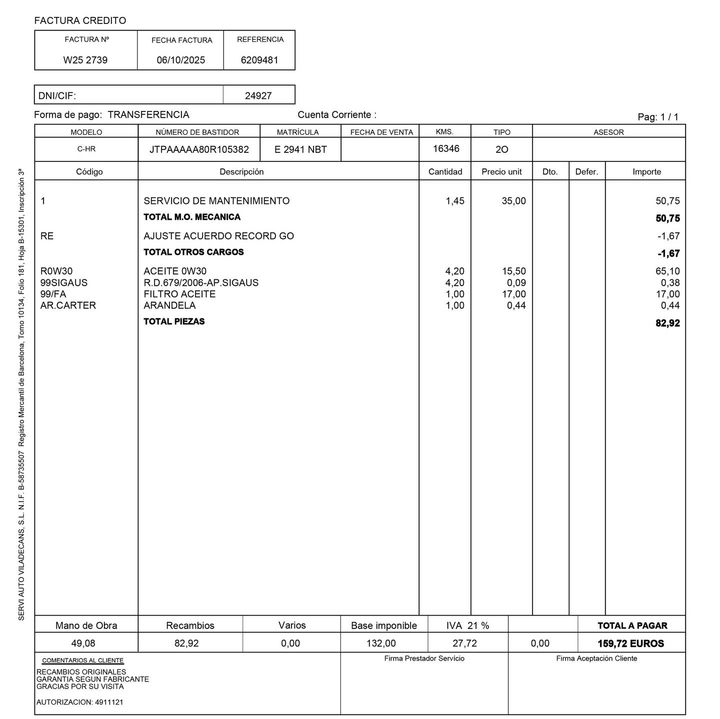 Foto del mantenimiento del Toyota C-HR Toyota C-HR 140H Advance (140 CV)