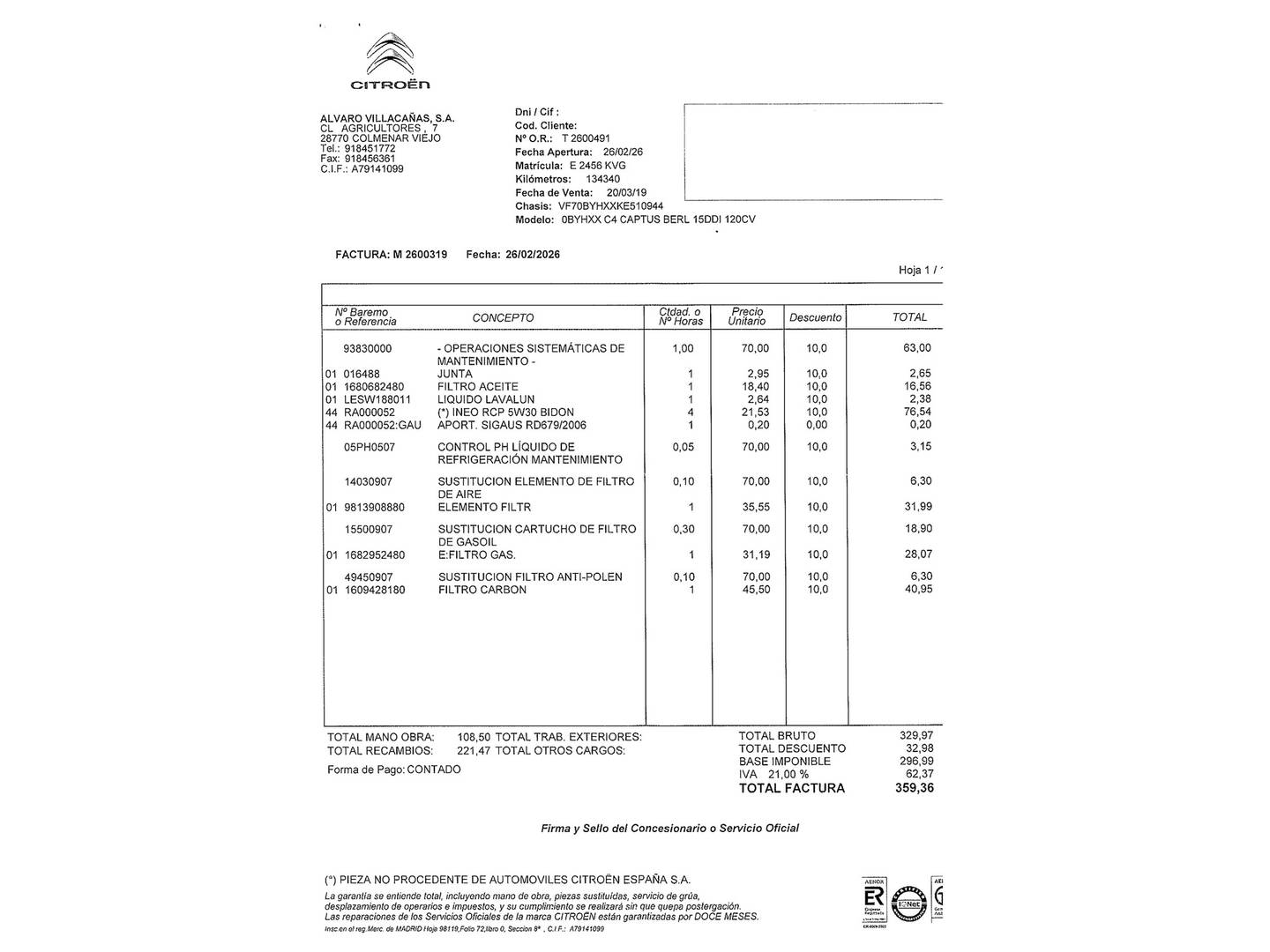 Foto del mantenimiento del Citroën C4 Cactus Citroën C4 Cactus BlueHDi 120 Shine EAT6 (120 CV)