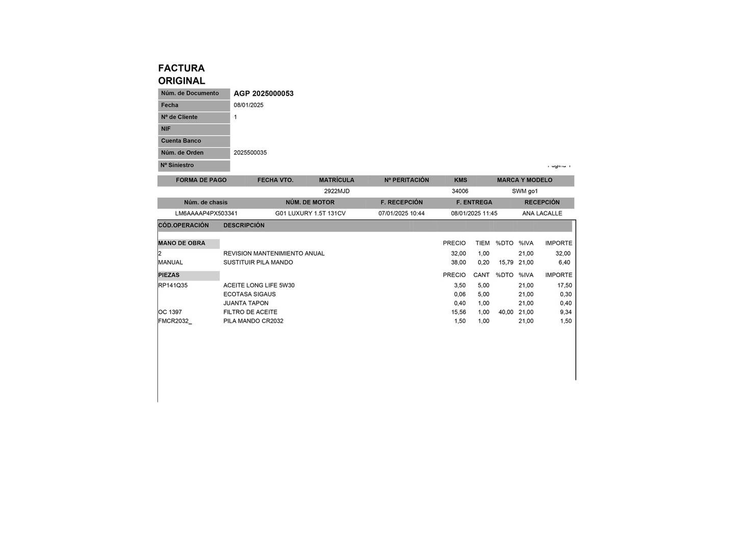 Foto del mantenimiento del SWM G01 SWM G01 1.5T Luxury (131 CV)