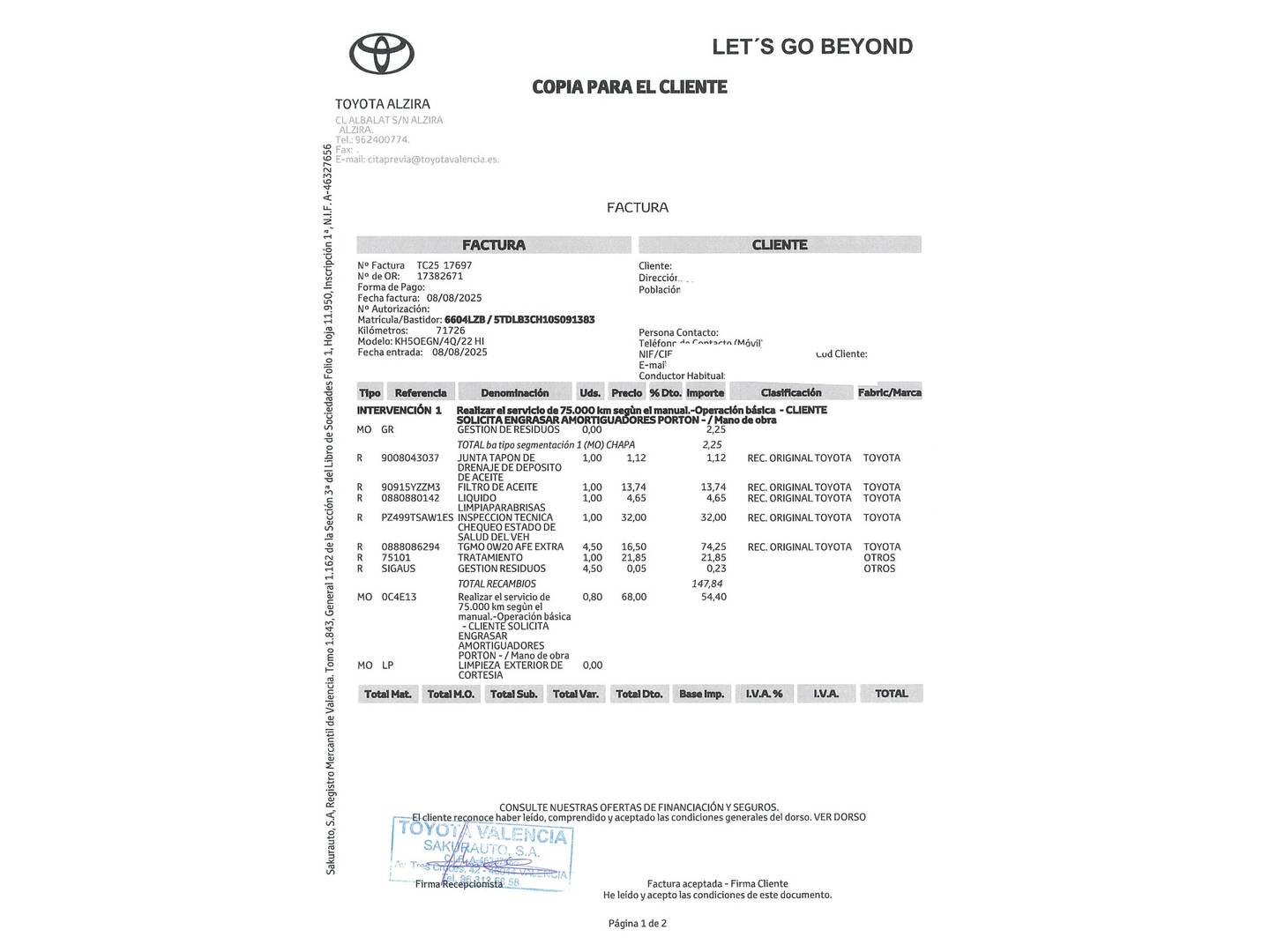 Foto del mantenimiento del Toyota Highlander Toyota Highlander 2.5 Luxury P. Metalizada