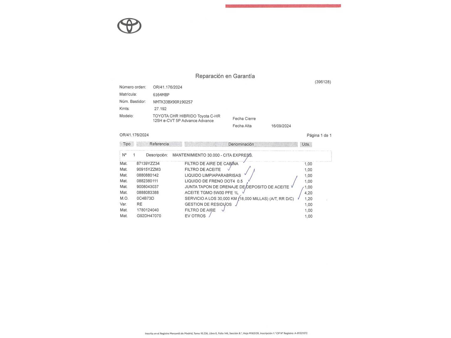 Foto del mantenimiento del Toyota C-HR Toyota C-HR 1.8 125H Advance (122 CV)