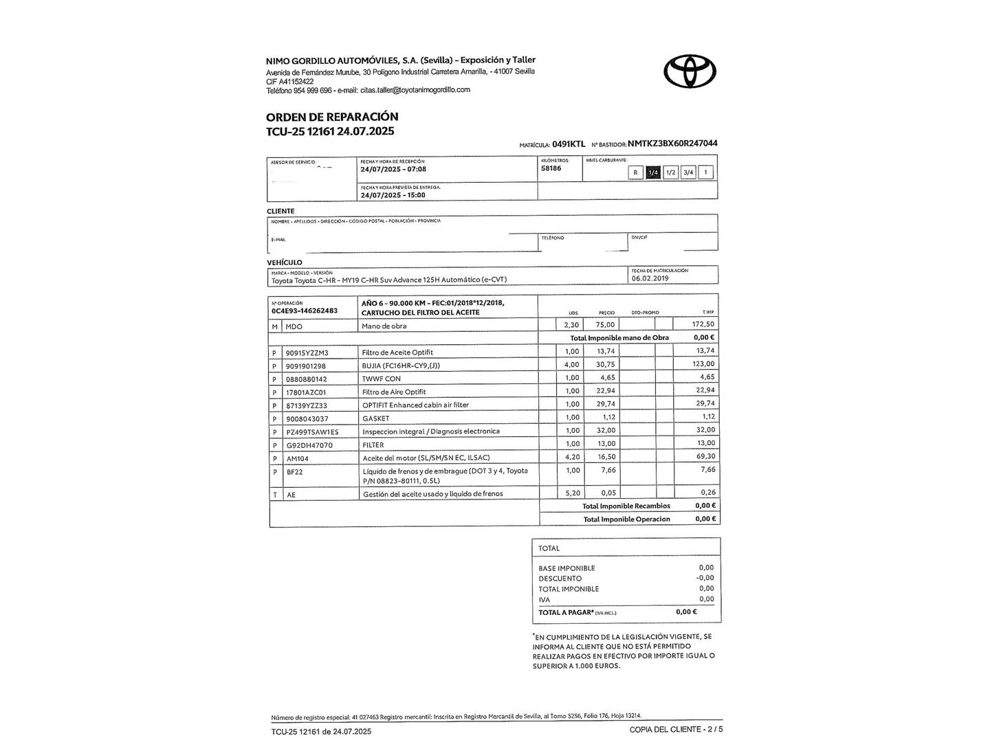 Foto del mantenimiento del Toyota C-HR Toyota C-HR 1.8 125H Advance (122 CV)