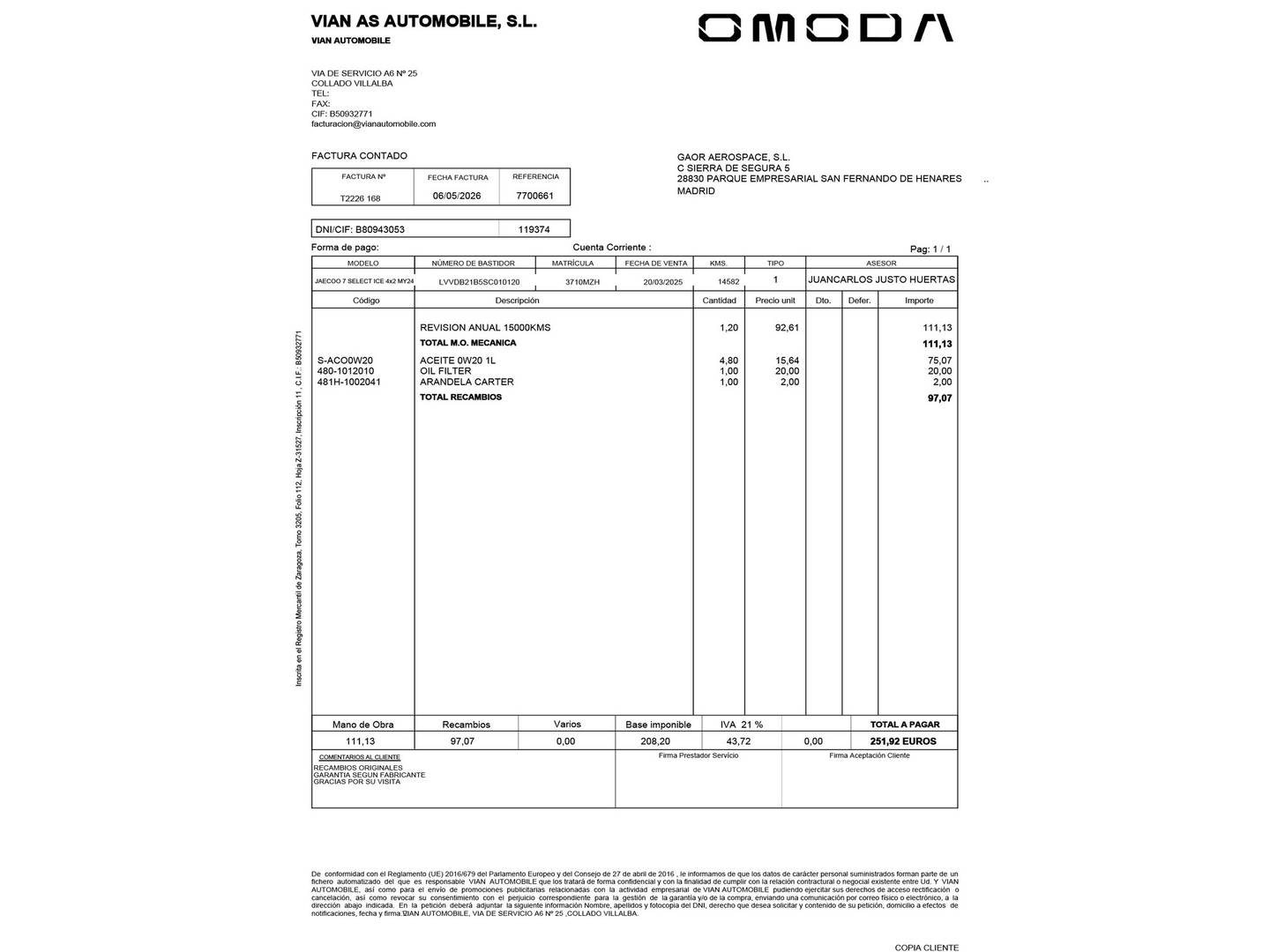 Foto del mantenimiento del JAECOO 7 JAECOO 7 1.6 TGDI Select FWD (145 CV)