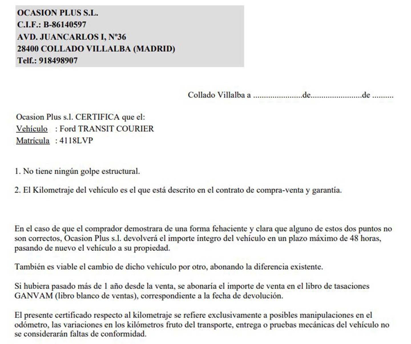 Foto del certificado del Ford Transit Courier Ford Transit Courier Furgon 1.5 TDCI Trend (75 CV)
