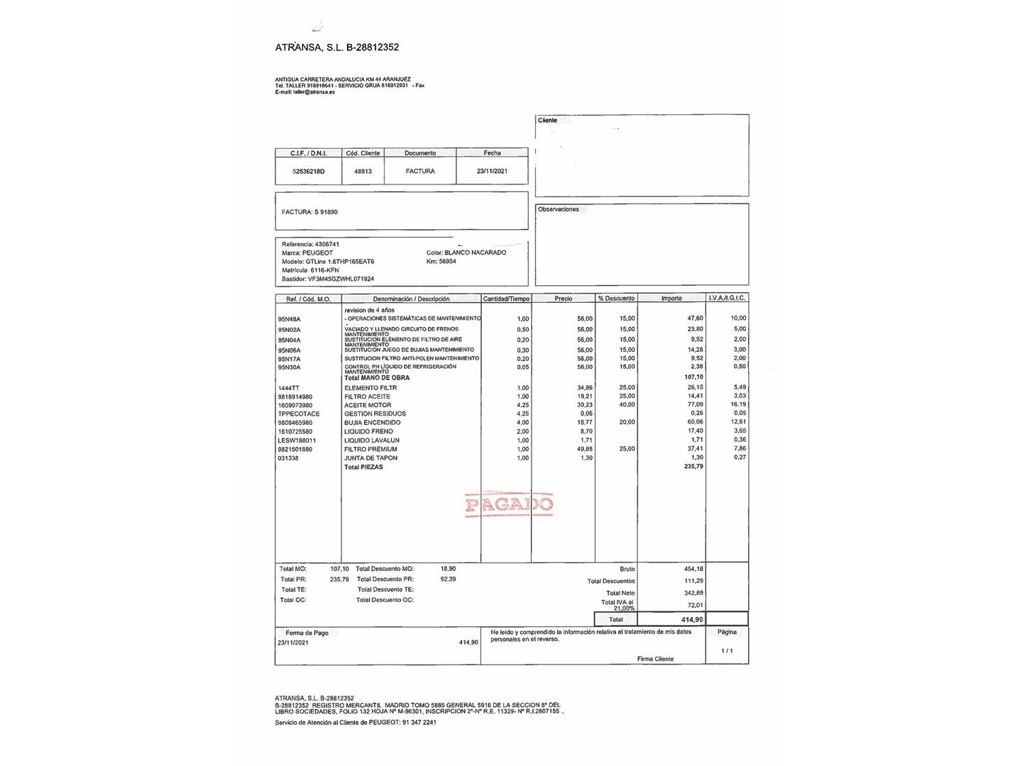 Foto del mantenimiento del Peugeot 5008 Peugeot 5008 1.6 THP GT-Line EAT6 (165 CV) 7 Plazas