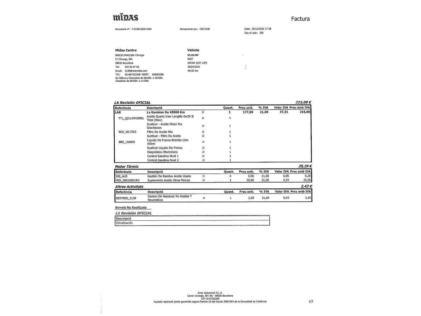Foto del mantenimiento del Seat Arona Seat Arona 1.0 TSI Style Go2 (110 CV)