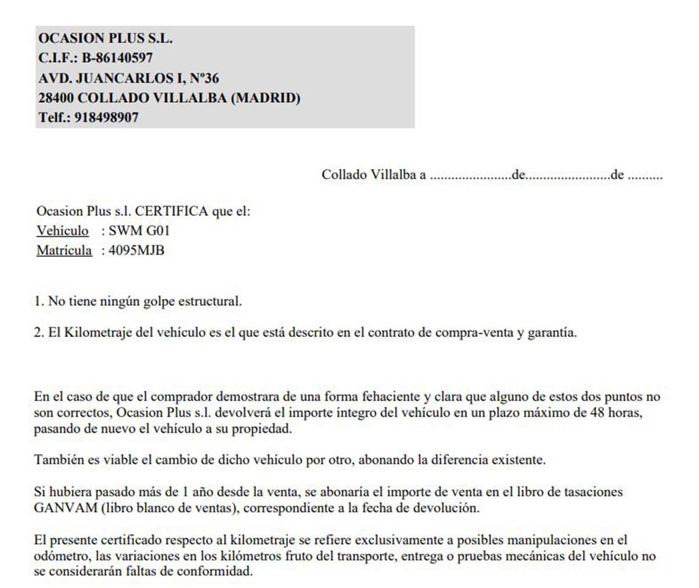 Foto del certificado del SWM G01 SWM G01 1.5T Luxury (131 CV)
