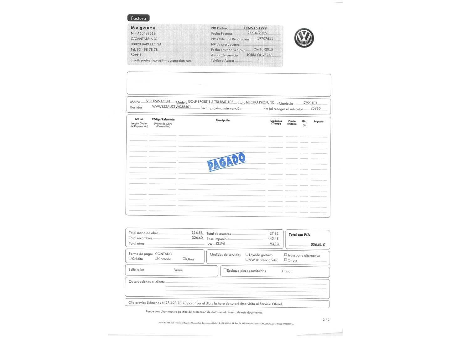 Foto del mantenimiento del Volkswagen Golf Volkswagen Golf Sport 1.6 TDI (105 CV)