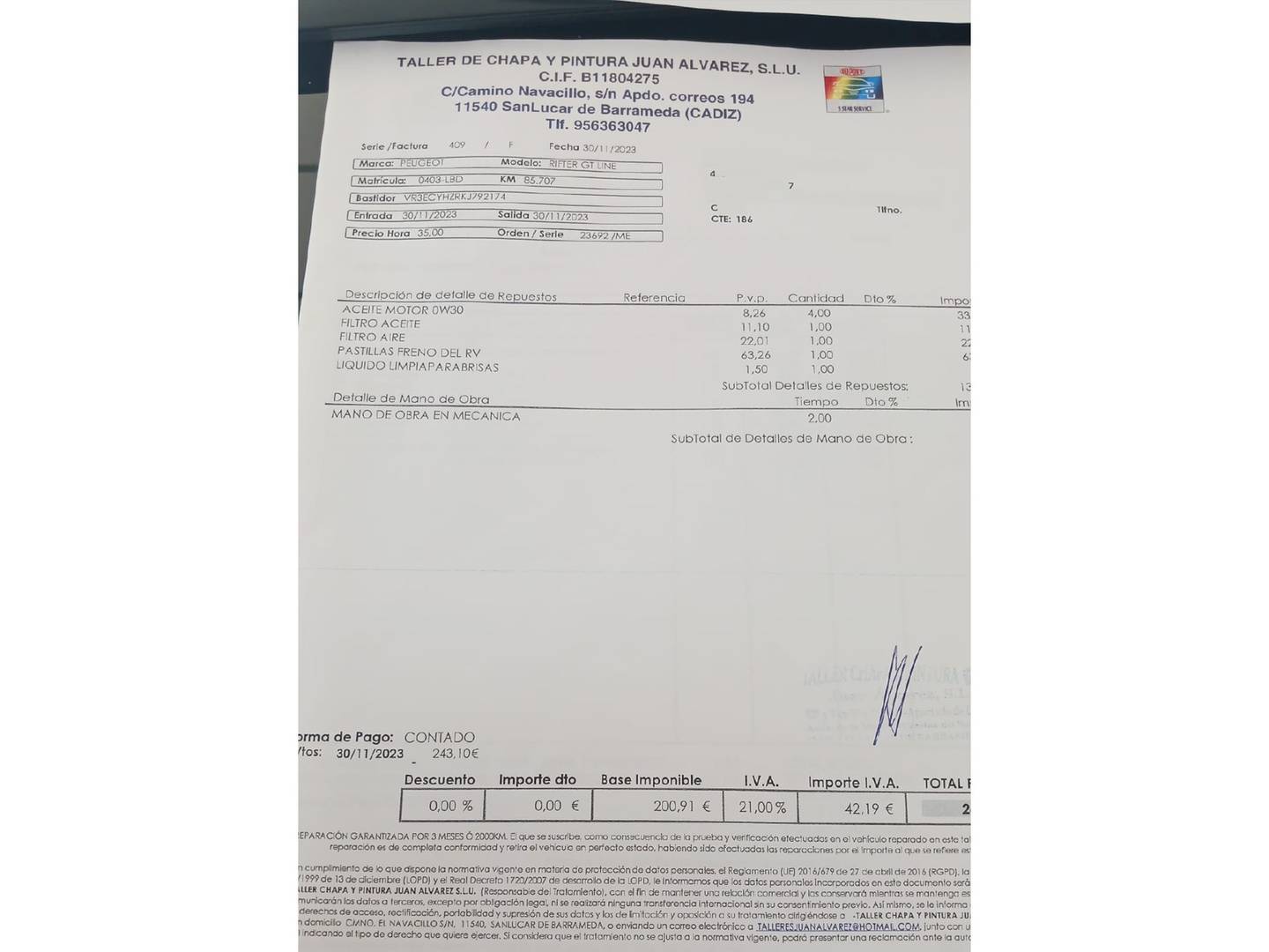 Foto del mantenimiento del Peugeot Rifter Peugeot Rifter BlueHDi 130 GT Line Long EAT8 (130 CV)