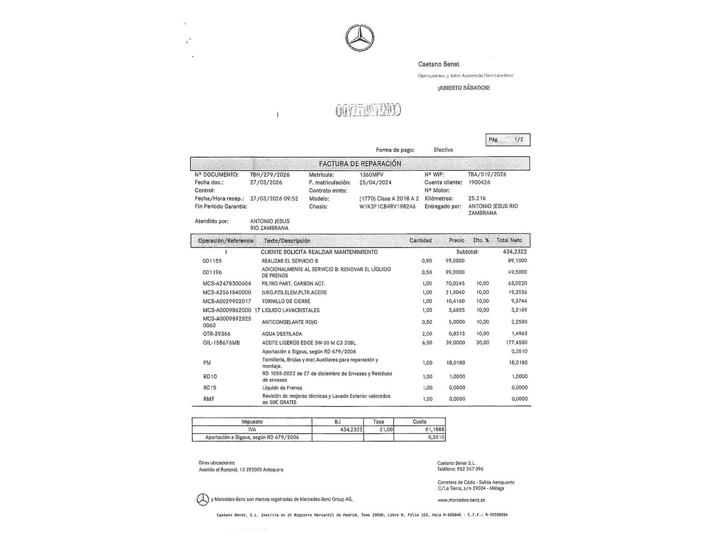 Foto del mantenimiento del Mercedes Clase A Mercedes Clase A A 200 d (150 CV) Pack AMG