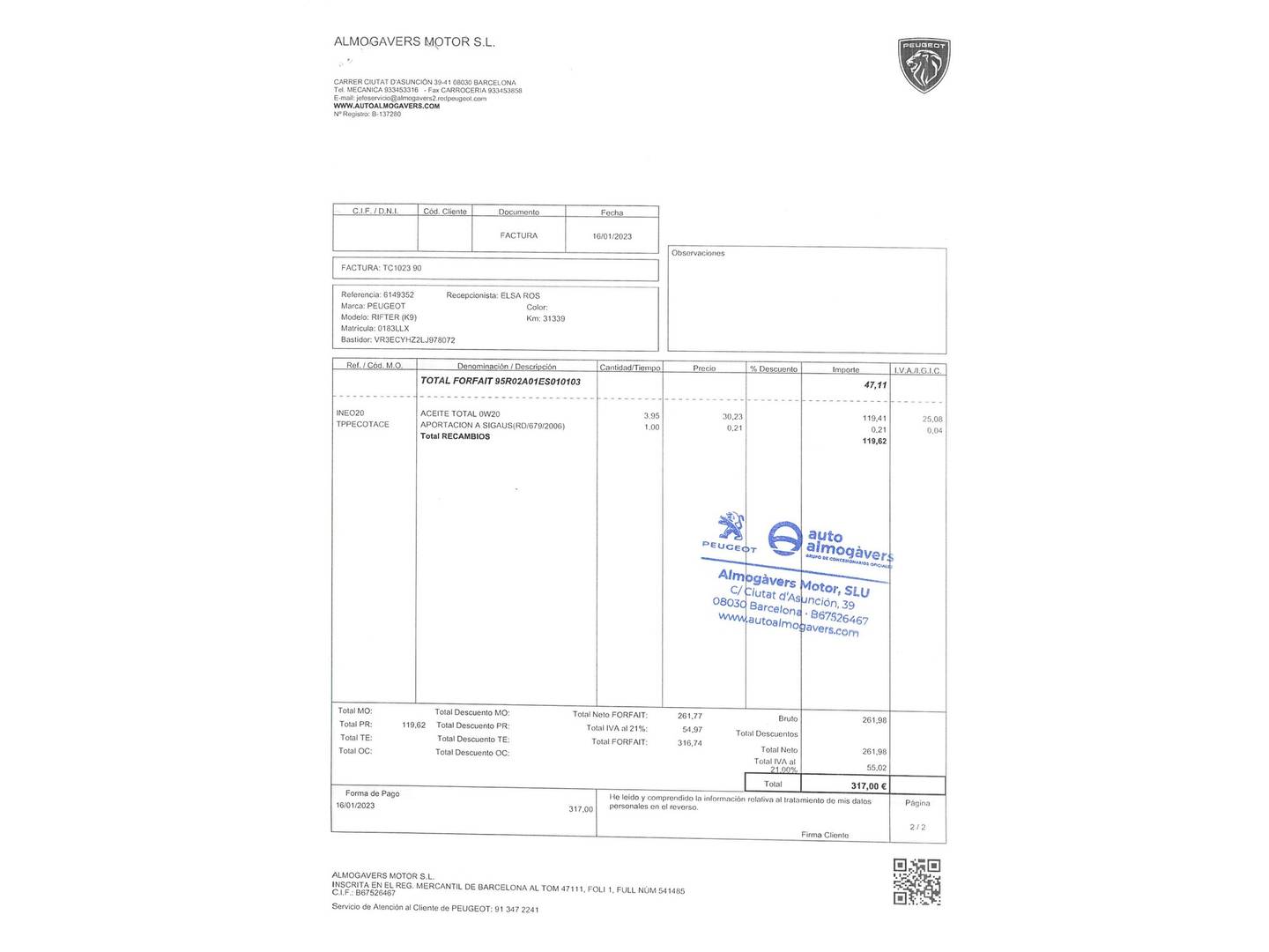 Foto del mantenimiento del Peugeot Rifter Peugeot Rifter BlueHDi 130 GT Standard (130 CV)