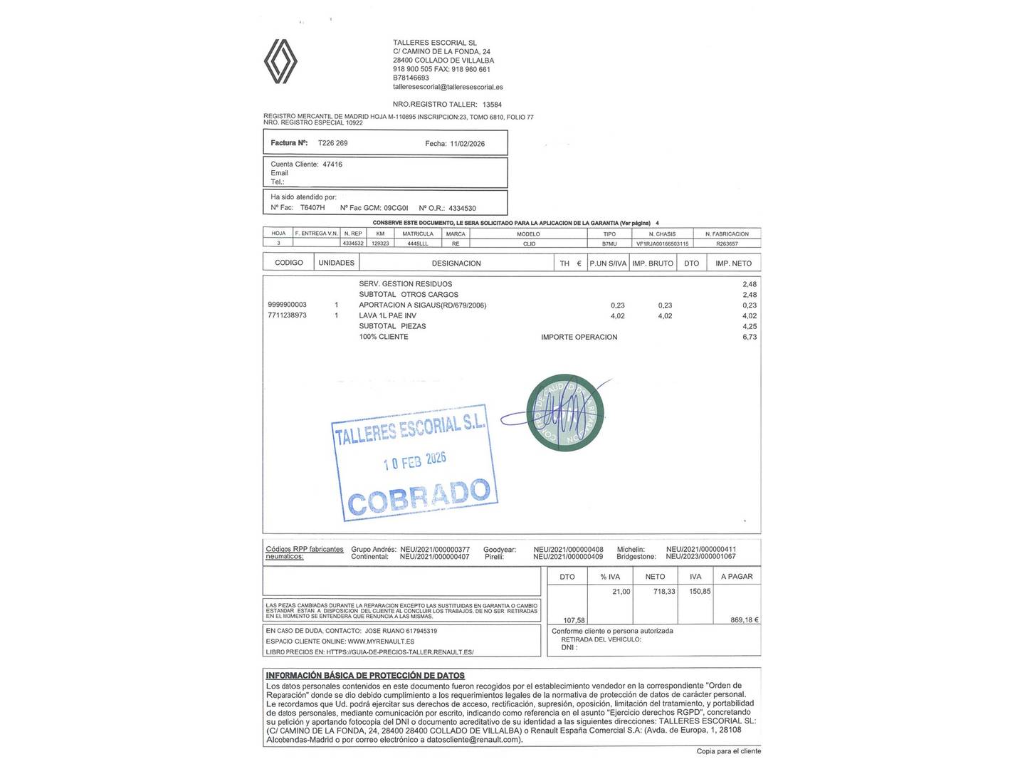Foto del mantenimiento del Renault Clio Renault Clio SL Edition E-Tech Híbrido (140 CV)