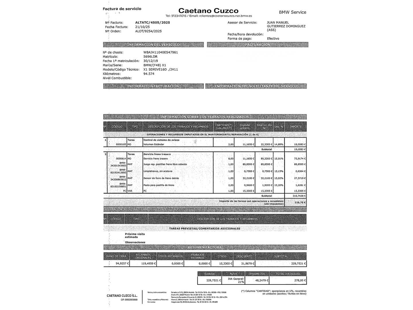 Foto del certificado del BMW X1 BMW X1 sDrive16d (116 CV)