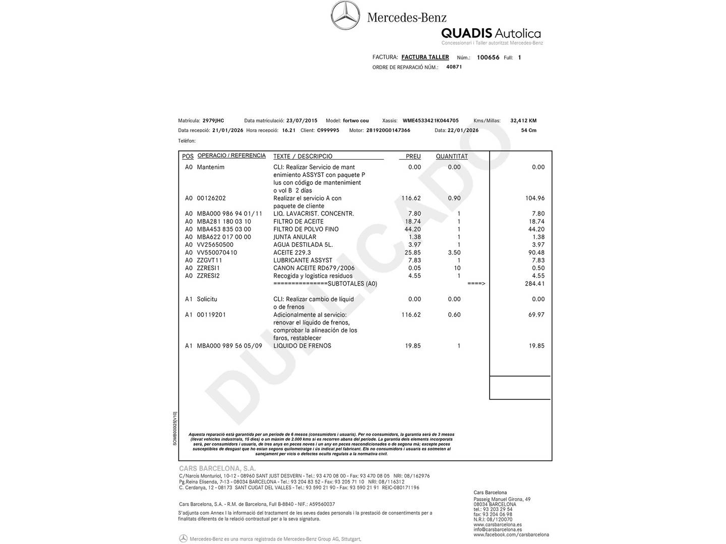 Foto del mantenimiento del Smart fortwo Smart ForTwo Coupe 52 Passion (71 CV)