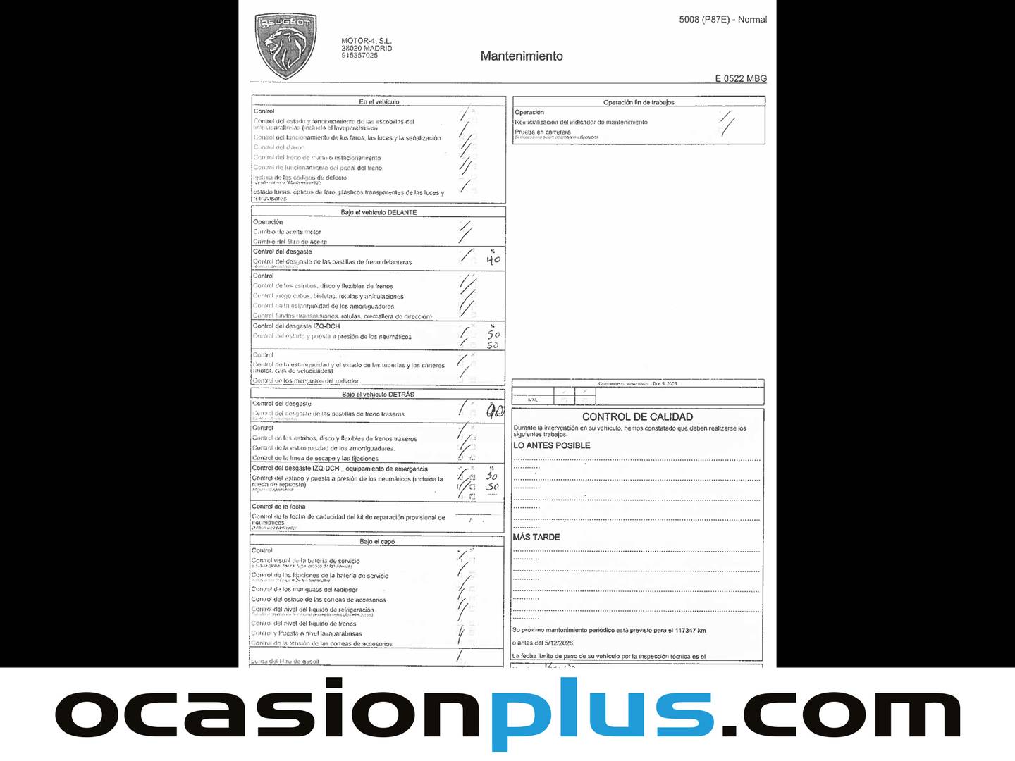 Foto del mantenimiento del Peugeot 5008 Peugeot 5008 BlueHDI 130 S&S GT EAT8 (130 CV) 7 plazas