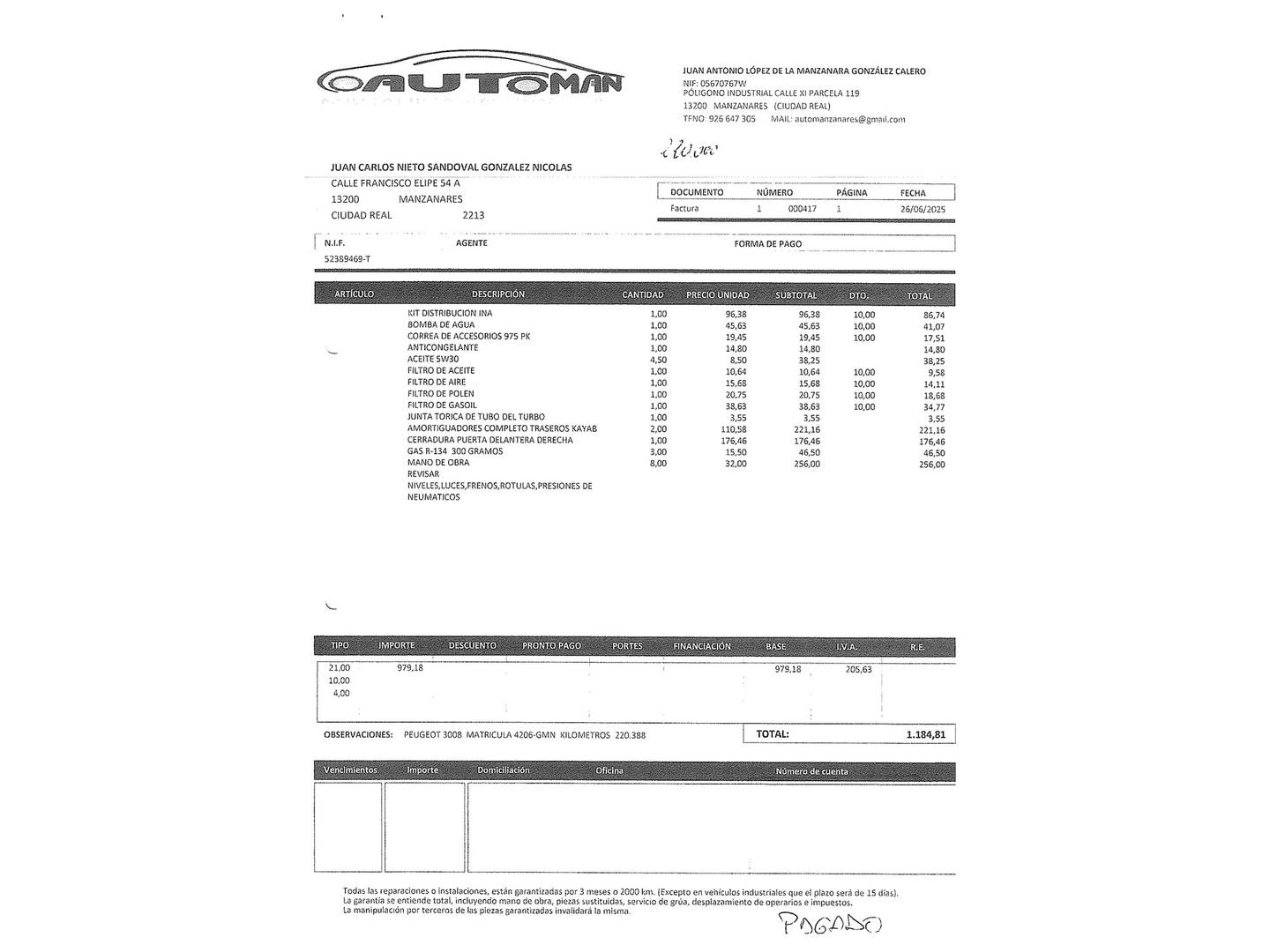 Foto del mantenimiento del Peugeot 3008 Peugeot 3008 1.6 HDI FAP Premium (110 CV)