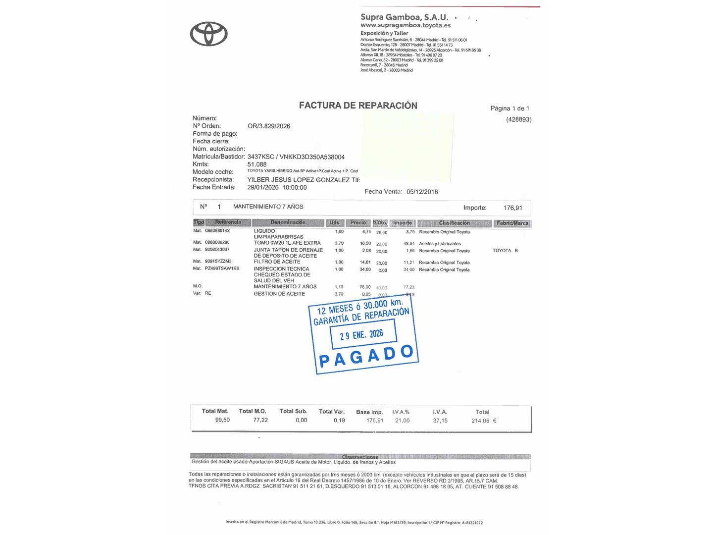 Foto del mantenimiento del Toyota Yaris Toyota Yaris 1.5 Hybrid Active (100 CV)