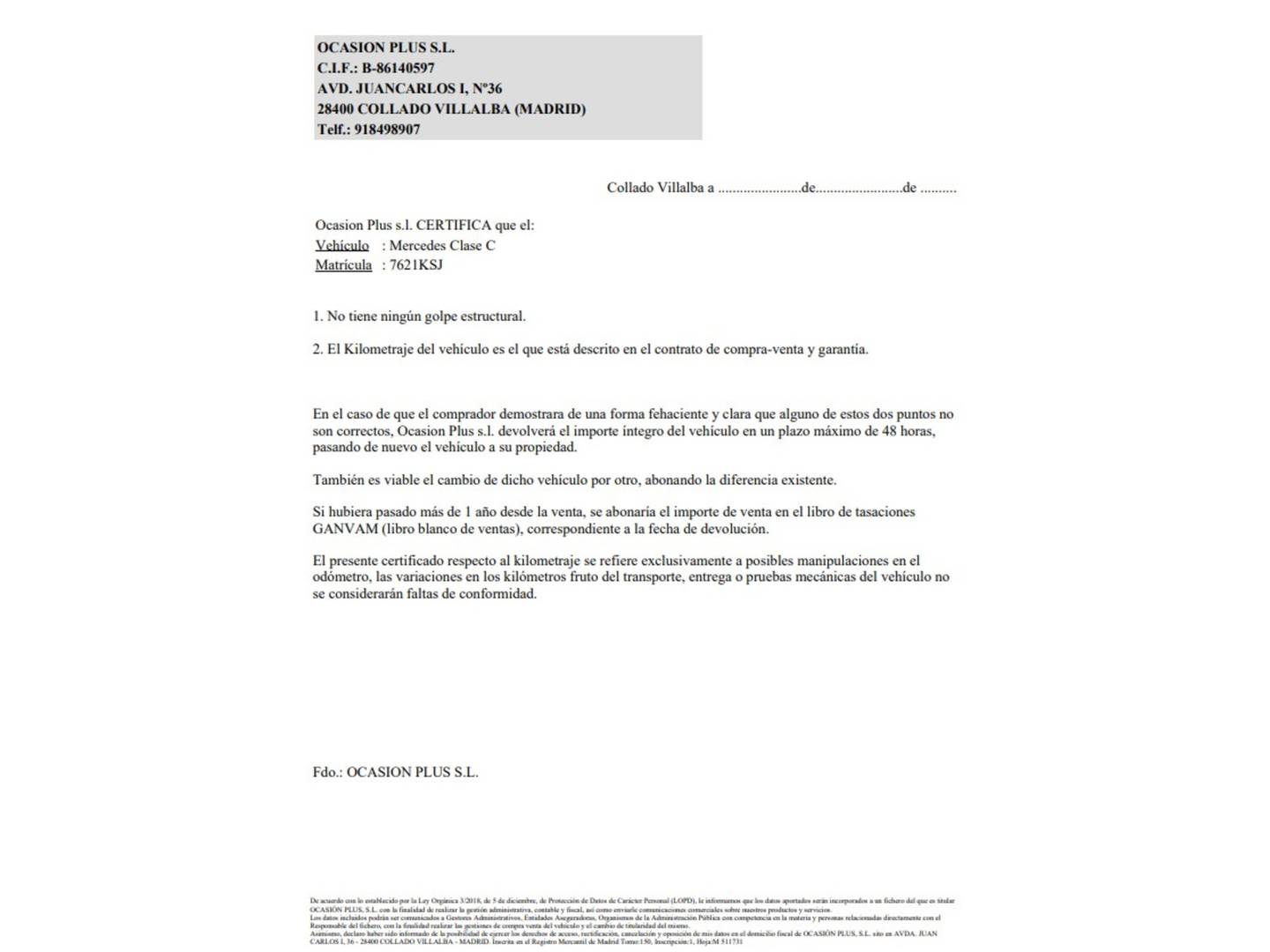 Foto del certificado del Mercedes Clase C Mercedes Clase C Clase C 200 (184 CV) Pack AMG