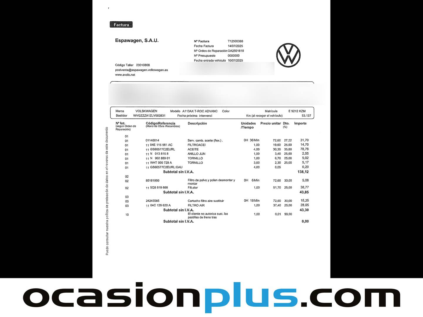 Foto del mantenimiento del Volkswagen T-Roc Volkswagen T-Roc Advance 1.0 TSI (115 CV)