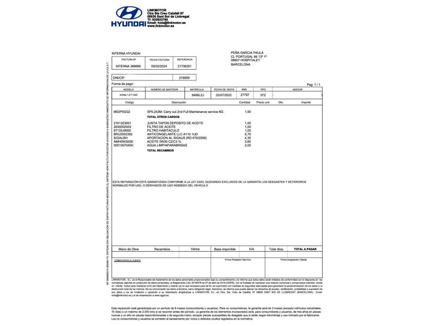 Foto del mantenimiento del Hyundai Kona Hyundai Kona 1.0 TGDi Maxx 4x2 (120 CV)